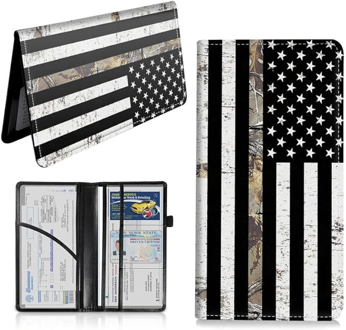 Car Registration and Insurance Card Holder, Vehicle License Documents Glove Box Compartment Organizer Wallet, ID Card Holder for Car Essentials Automobile, Camo American Flag