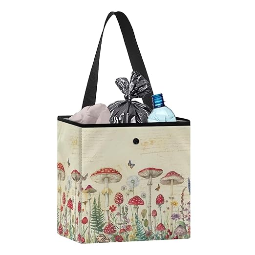 Butterfly Mushroom Dandelion Car Trash Bag Hanging, Garbage Bag and Water Resistant Trash Can for Car, Leakproof Trash Can for SUV Truck Car Accessories, Beige