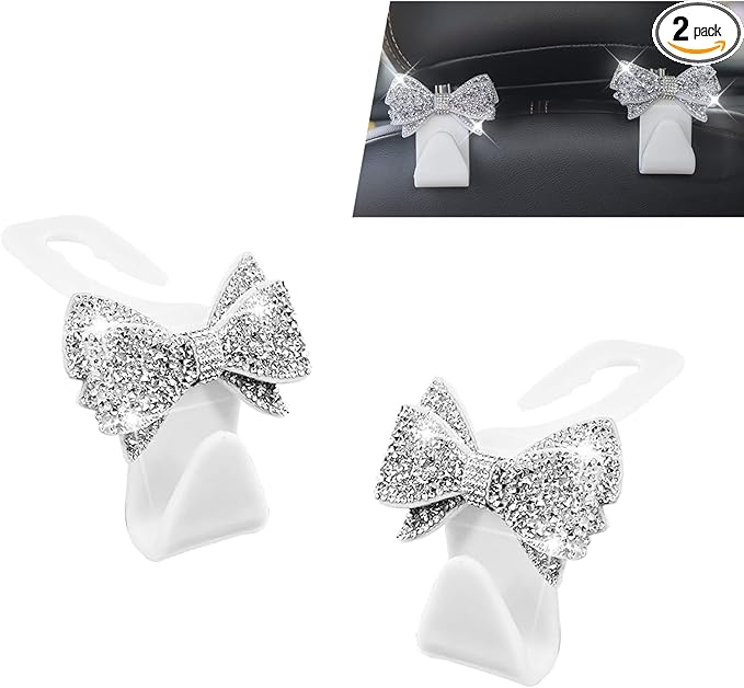 2 PCS Car Headrest Hooks, Cute Bowknot Auto Seat Back Hangers for Purses Bags Coats, Bling Rhinestone Interior Storage Organizer Hooks, Universal for Cars SUVs Trucks (White)