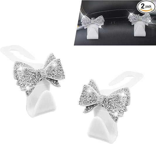 2 PCS Car Headrest Hooks, Cute Bowknot Auto Seat Back Hangers for Purses Bags Coats, Bling Rhinestone Interior Storage Organizer Hooks, Universal for Cars SUVs Trucks (White)