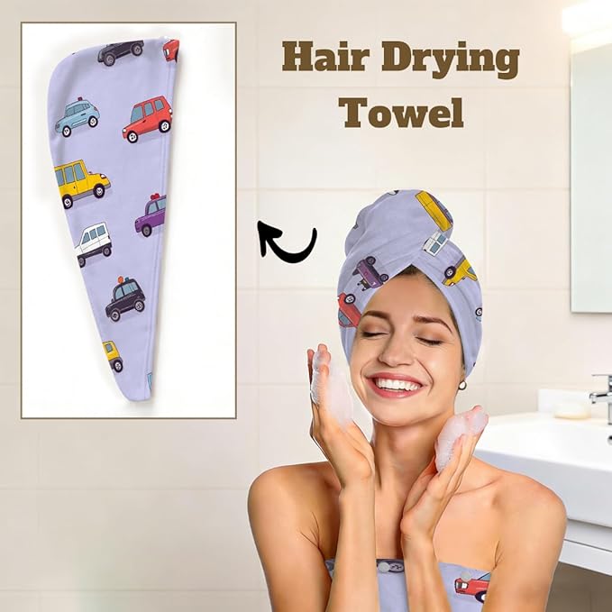 Women Bath Wrap Hair Towel Drying Cap Set Cute Cars Pattern Soft Absorbent Bathrobe Shower Wraps with Adjustable Closure Spa Bath Robe
