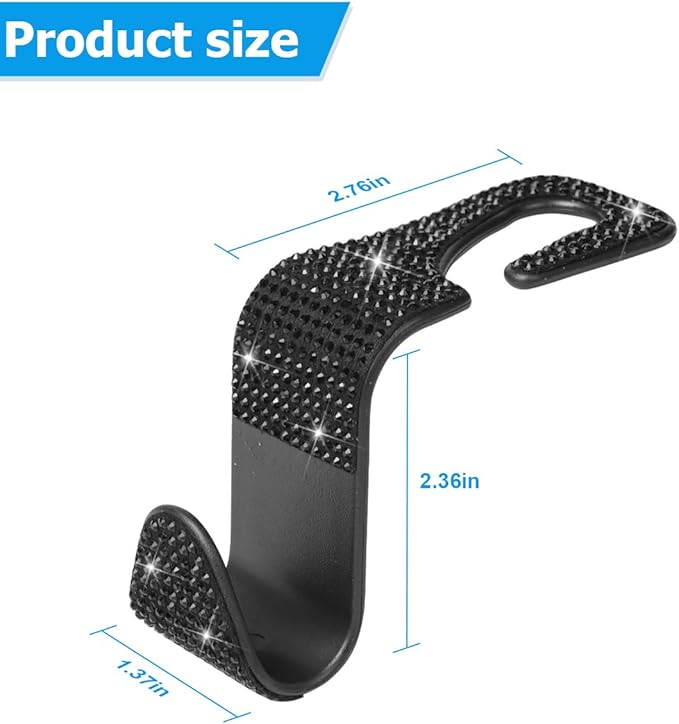 Zpana 4PCS Bling Car Seat Headrest Hooks, Vehicle Back Seat Purse Handbag Hanging Holder with Crystal Rhinestone, Diamond Storage Organizer Hook, Universal Automotive Accessories (Black)