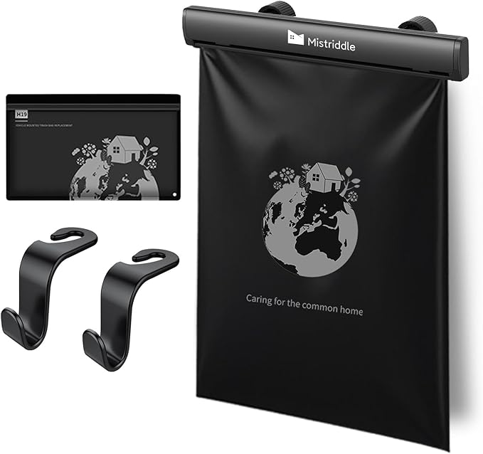 Mistriddle Headrest Hanging Car Trash Bag Holder - Aluminum Alloy with 25 Disposable Trash Bags, 2 Headrest Hooks, Compact Car Garbage Bin for Back Seat, Office, Travel & Camping (Black)