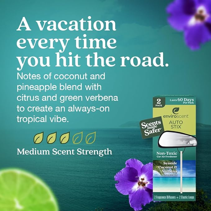 Enviroscent Non-Toxic* Car Air Freshener Auto Stix® - Scents Made Safer - Enjoy Fragrance Lasts Up to 180 Days - Includes Auto Stix® Diffusers & Elastic Loops - Seaside Coconut & Verbena (Pack of 3)