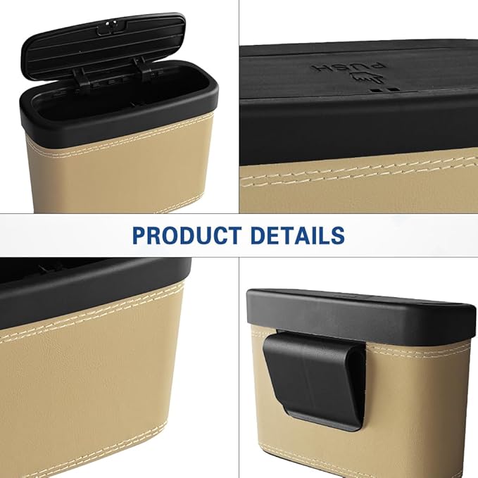 Car Trash Can with Lid, Car Trash Bin, Leakproof Vehicle Garbage Can with 30PCS Garbage Bags, Waterproof Auto Hanging Dustbin Storage Bag Container Accessories Fit SUV Office Home (Beige-1PCS)