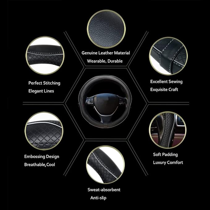 Gomass Car Steering Wheel Cover, Anti-Slip, Safety, Soft, Breathable, Heavy Duty, Thick, Full Surround, Sports Style (Black with Gray Line)
