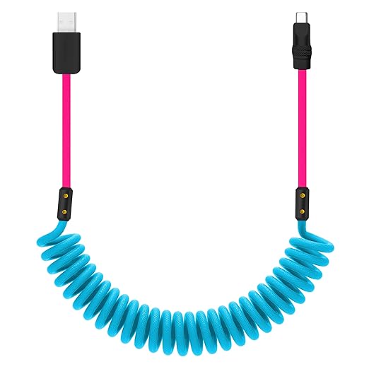 chubbycable Curly Chubby 120W Coiled USB C Cable Retractable Fast Charging Cable for Car Charger Cord Compatible with iPhone 17-15 Series, Blue+Pink, USB-A to Type-C, 2.29FT-3.6FT