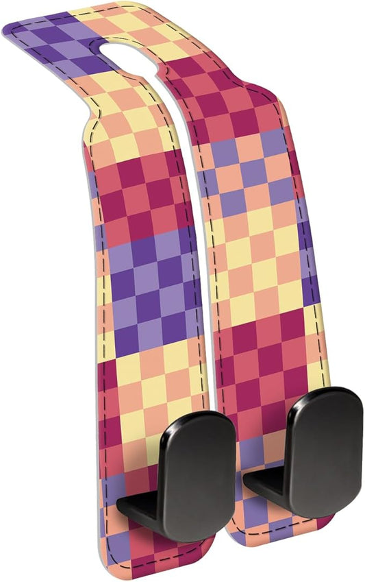 Car Seat Back Storage Headrest Hook, Premium Leather Double Metal Hook, Hanger Storage Organizer for Purse Cloth Bag, Car Interior Accessories Cute Colorful Plaid