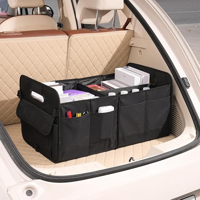Car trunk storage box Foldable sedan SUV Universal outing travel good goods Multi compartment partition with handle (black)