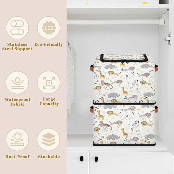 Large Toy Box Collapsible Storage Bins with Lids Closet Storage Baskets for Organizing Shelves Nursery Toy Storage Organizer Boxes for Kids, Boys, Girls (Cute Zebra Giraffe Lion Elephant Animal)