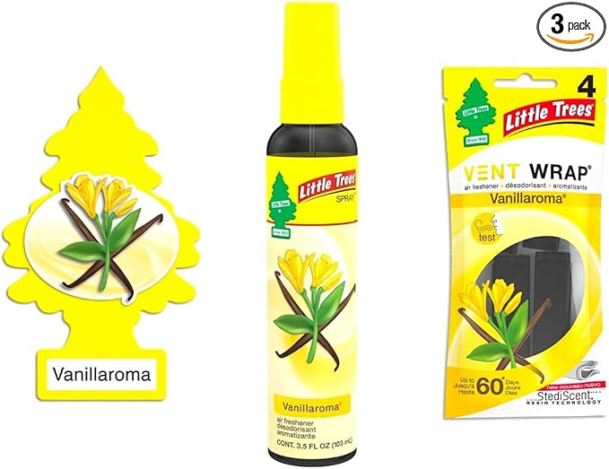 Little Trees Air Freshener | Vent Wrap pack of 4 | 1 Bottle Little Tree Spray | 6 Little tree Hanging Tree For Home, Trucks, RV, Van or car AHSR Products bundle (Vanillaroma)