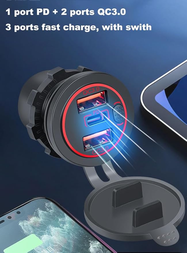 3 Ports 18W USB Car Charger with Switch, 12-24V Dual QC 3.0 USB & PD USB C Cigarette Lighter Socket Outlet, Dashboard Mount Quick Charge Charger for Car Motorcycle Truck Marine Boat,Blue Light