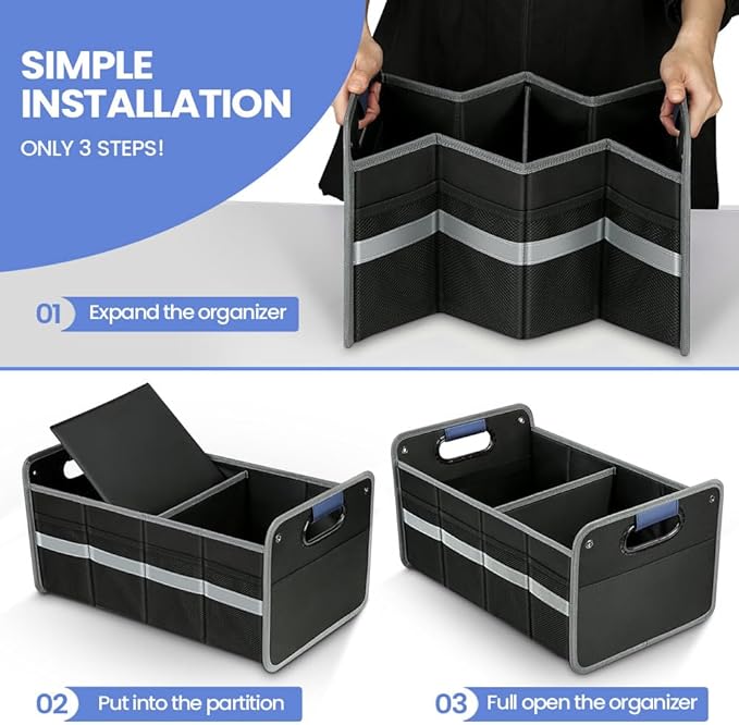 Car Trunk Organizer for SUV, Car Storage Organizer Reinforced Handles, Collapsible Multi-Compartment Foldable and Waterproof Car Organizer for Car Suv, Sedan, Truck, Minivan