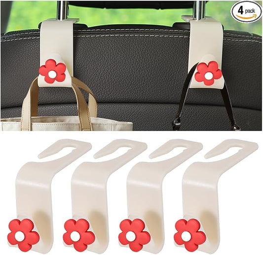 4 PCS Car Headrest Hook, Multifunctional Flower Vehicle Seat Back Storage Hook, Cute Automotive Seatback Organizer Hanger for Purse Grocery Bag Handbag, Universal Fit (Beige/Red)