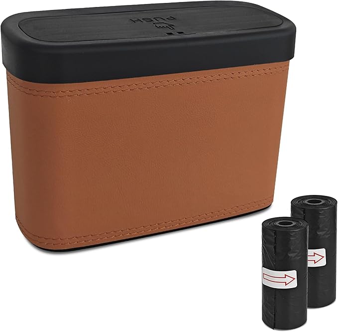Car Trash Can with Lid, Car Trash Bin, Leakproof Vehicle Garbage Can with 30PCS Garbage Bags, Waterproof Auto Hanging Dustbin Storage Bag Container Accessories Fit SUV Office Home (Brown-1PCS)