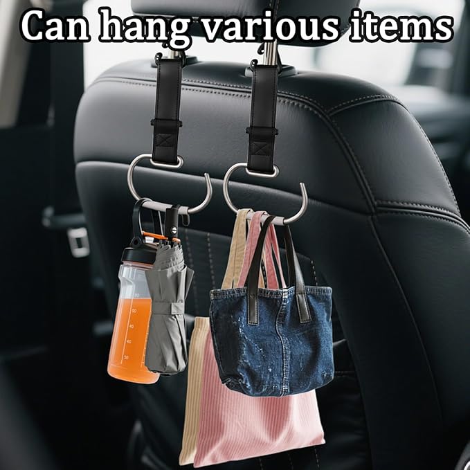 2Pcs Car Purse Hooks, Adjustable Leather Headrest Hooks for Car, Seat Back Organizer for Bags Purses (Black)