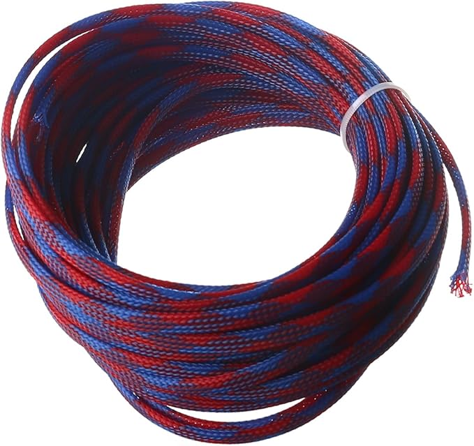 Aicosineg 32.81ft PET Flexible Braided Cable Sleeve 0.25inch Width Wire Loom Sleeving and Organizer Flexible Wire Mesh Sleeve Wrap Protector for TV Audio PC Cords from Pets Chewing Blue and Red