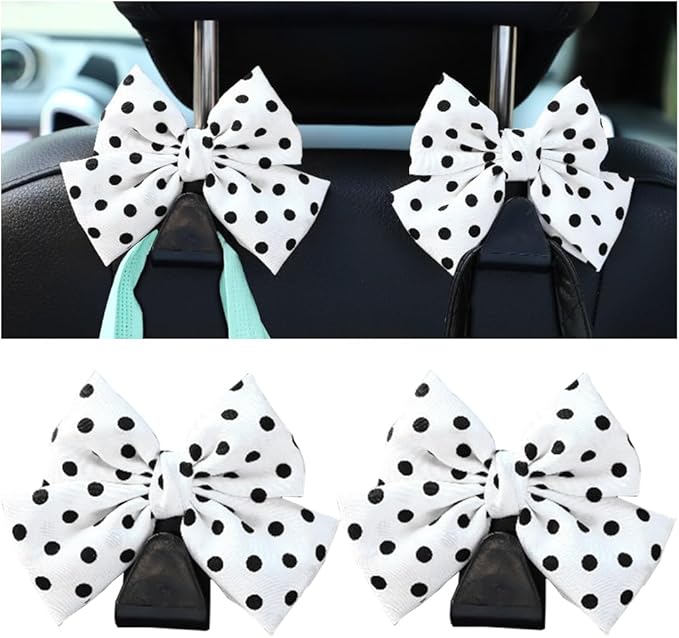 Mandark 2-Piece Car Seat Headrest Hooks - Universal for All Vehicles, Cute Bow Hooks for Purses & Bags, Interior Decoration Accessories (White/Polka Dot)