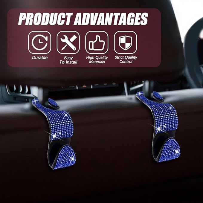 deemars 2 Pack Car Seat Headrest Hook, Bling Car Hooks Front Seat, Back Seat Organizer Hanger Storage Hook Car Purse Hook for Bags, Clothes, Coats, Grocery Bags (Blue)