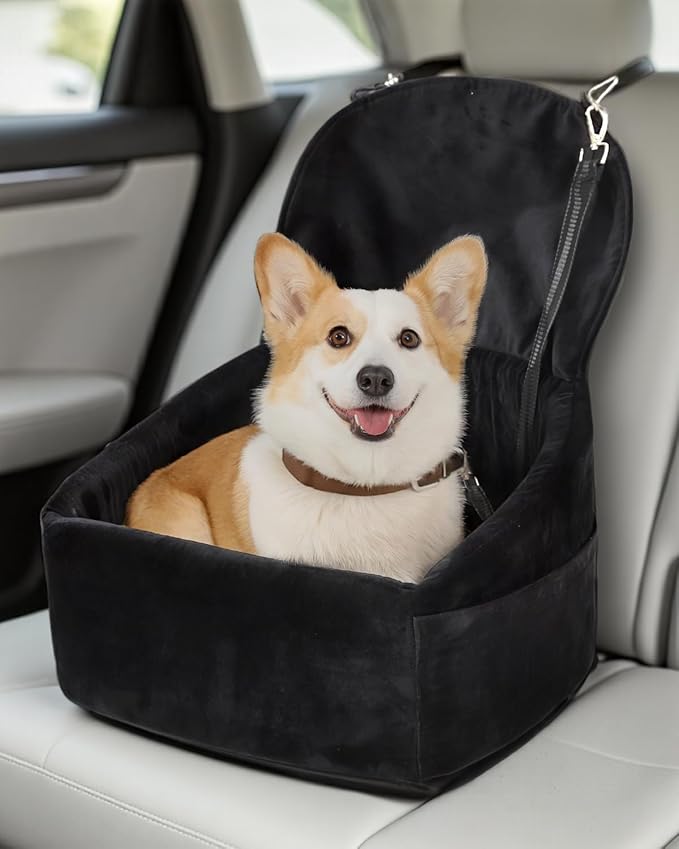 NUPIDA Dog Car Seat for Small Medium Dogs, Dog Booster Seat with Extendable Backrest, Pet Portable Car Seats up to 30 lbs, Washable Travel Bed with Storage Pockets and 2 Safety Leashes, Black