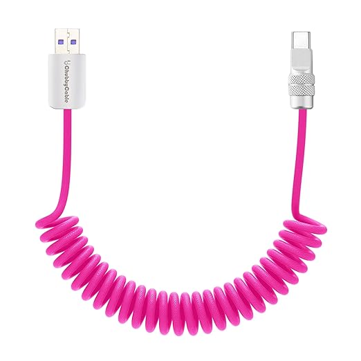 chubbycable Curly Chubby 120W Coiled USB C Fast Charging Cable Durable Braided Charger Cord for Car Compatible with iPhone 17-15 Series iPad, Pink, USB-A to Type-C, 2.13FT-6.56FT
