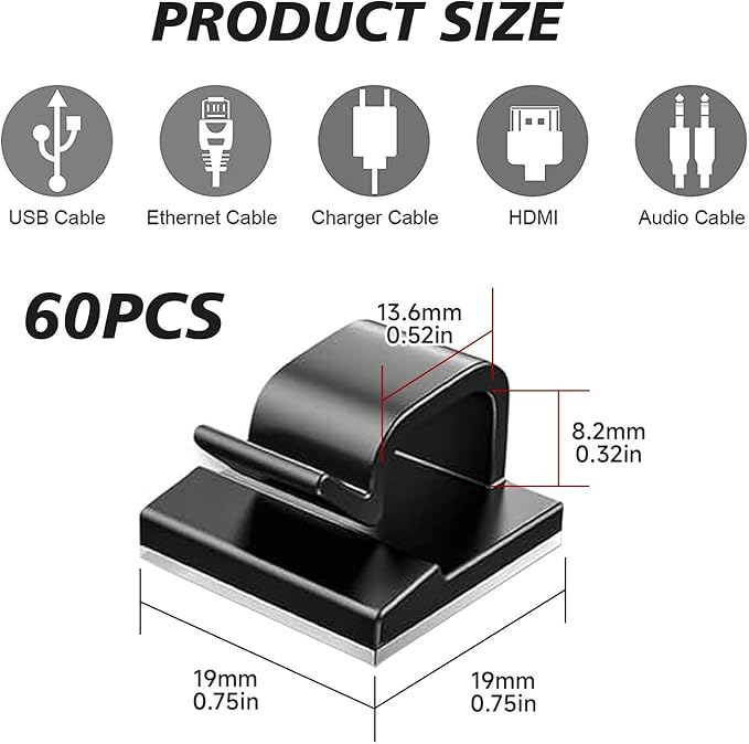 3/4 in Adhesive Cable Clips, 60pcs Outdoor Light Clips, Cord Clips, Sturdy Wire Clips, Finisher Wire Clamp for Home, Car, Office Wire Management Clips (Black, 3/4"-60PCS)