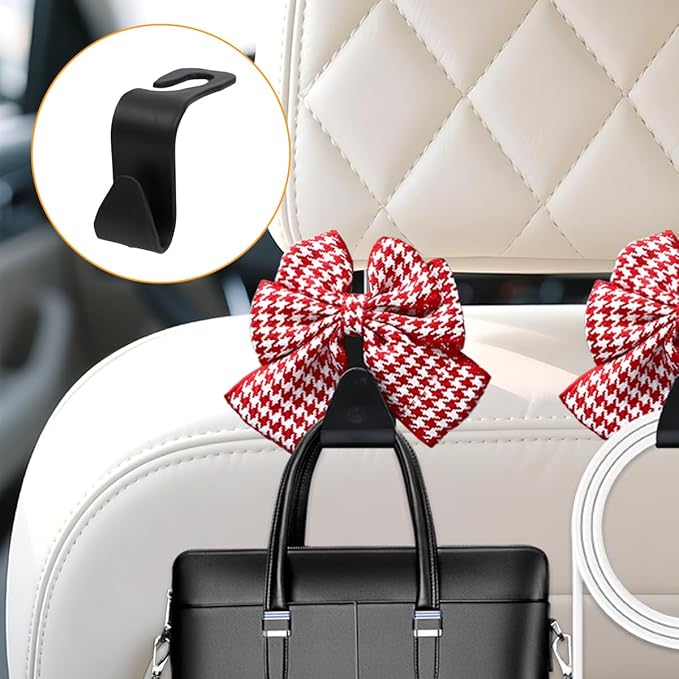 Cute Bow Car Seat Headrest Hooks, 2PCS Multifunctional Vehicle Rear Seat Hanging Hooks, Automotive Interior Seatback Storage Organizer for Purses Bags, Universal Fit (Red/Houndstooth)