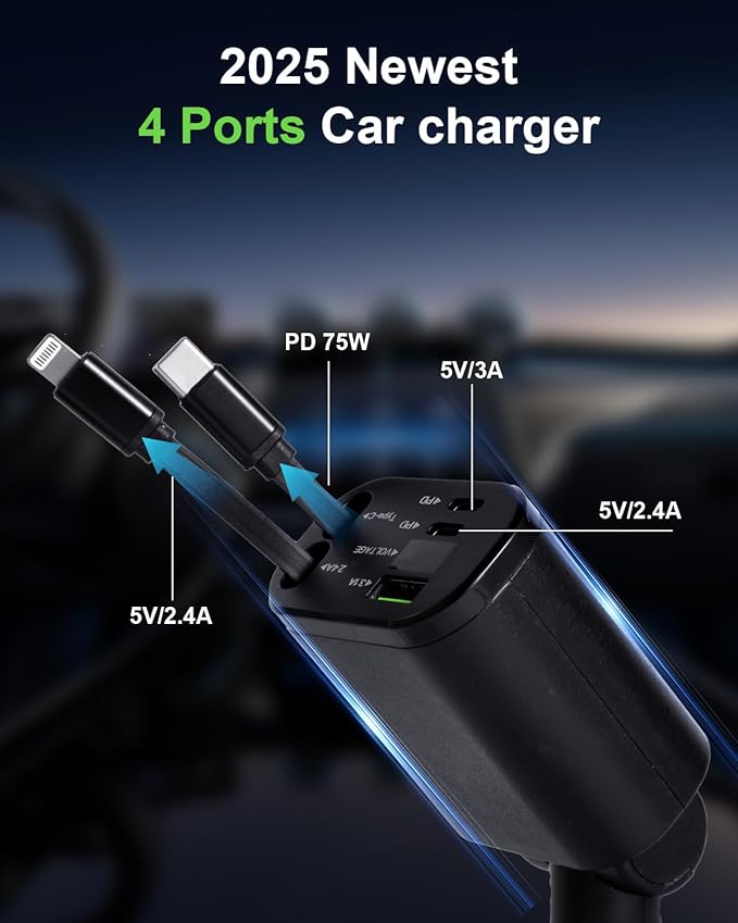 5-in-1 Fast Car Charger with USB-A and USB-C Ports, Compatible with iPhone 16/15/14, Samsung Galaxy