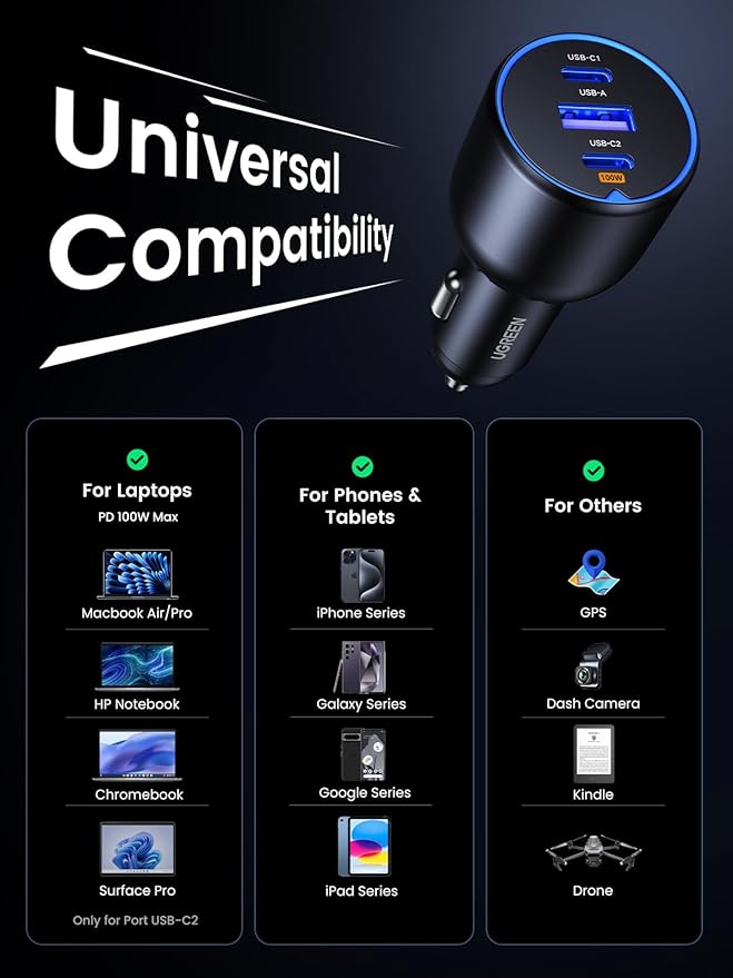 UGREEN 130W USB C Car Charger, Type C Car Charger Adapter Compatible with iPhone 17 17 Air 17 Pro 17 Pro Max 16 16 Plus 16 Pro 16 Pro Max 15 14 13 12, Galaxy S24 S23 Ultra, iPad, MacBook, and More