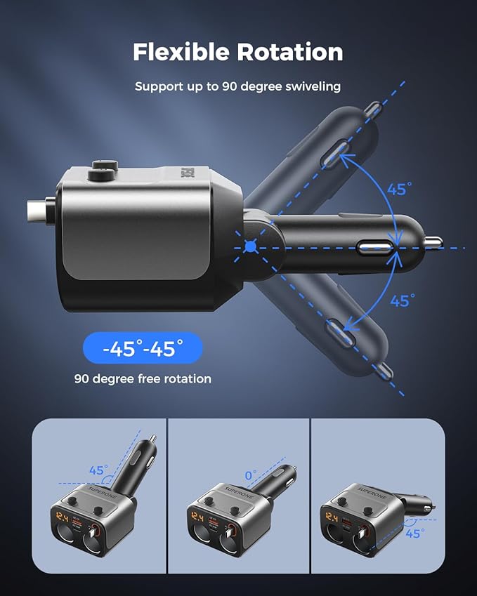 180W Cigarette Lighter Splitter w/Retractable 36W USB-C Cable, SUPERONE 2-Socket Cigarette Lighter Adapter with QC3.0 Car Charger Splitter for GPS/Dash Cam/Laptop/iPad/iPhone 17/16/15/14/13/12/11