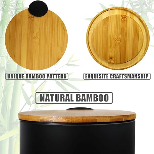 Mini Trash Can with Bamboo Lid Soft Close and Foot Pedal, 0.8Gal / 3L Tiny Round Trash Can with Removable Plastic Inner Wastebasket for Bathroom, Bedroom, Powder Room, Office, Desk, Car, Black