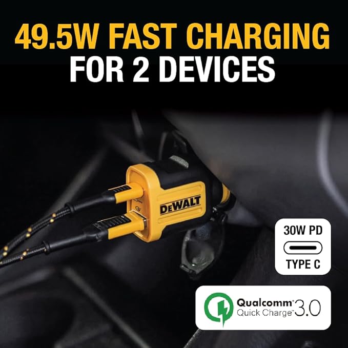 DEWALT Heavy Duty USB + USB C Car Charger Adapter, 49.5W Cigarette Lighter USBA Charger, PD Car Charging Adapter PPS 30W Quick Charge 3.0 Fast Charging for iPhone 17/16/15 Pro Max Samsung Galaxy Pixel