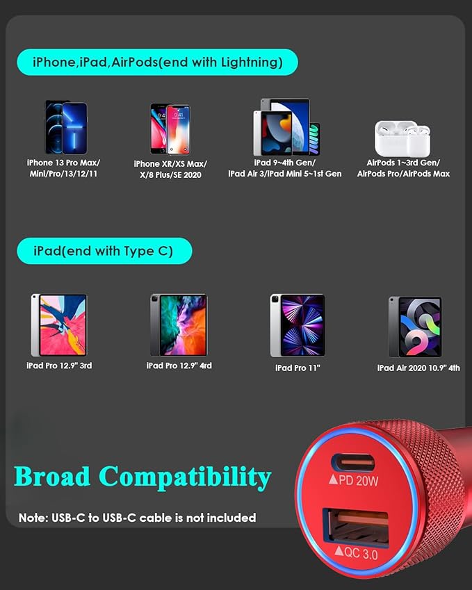 iPhone Car Charger,[2 Pack] 38W Dual Port USB C + QC 3.0 Wall Chargers [Apple MFi Certified] Cigarette Lighter Fast Car Charger Adapter with 2 pack Lightning Cable for iPhone 14 13 Pro Max 12 11 (Red)