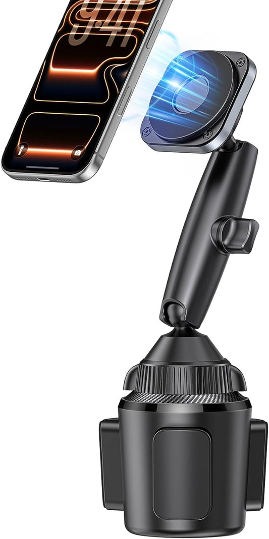 EXELIQ Upgraded Magnetic Cupholder Phone Holder for Car - Ultra Strong N55 Magnets, Flexible Tri-Pivot Cup Phone Mount for Tesla Truck SUV, Compatible with iPhone 17-12 Samsung Android, Not Charger