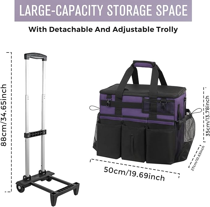 Rolling Cleaning Caddy Bag with Detachable Trolley, Large Cleaning Supplies Organizer with Wheels, Multi Pocket Cleaning Cart with Adjustable Shoulder Strap for Housekeeper & Home, GrapePurple