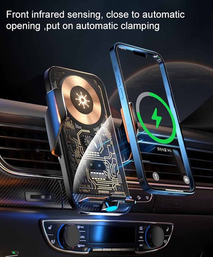 15W Transparent Smart Sensor Car Wireless Charger,Auto-Clamping Car Air Vent Phone Holder，QC Fast Charging for iPhone17/1615/14/13/12/11/X/8plug Series,Samsung S Series/Noteseries (Black)