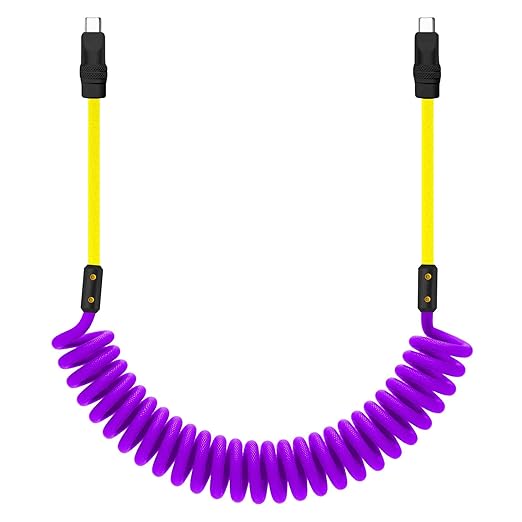 chubbycable Curly Chubby 240W Coiled USB C Cable Retractable Fast Charging Cable for Car Charger Cord Compatible with iPhone 17-15 Series, Purple+Yellow, Type-C to Type-C, 2.29FT-3.6FT