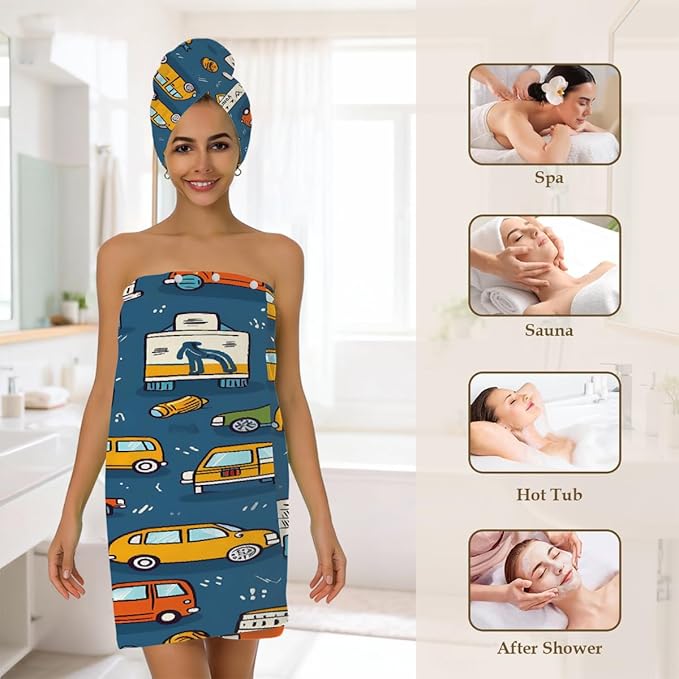 Women Bath Wrap Hair Towel Drying Cap Set Cartoon Cars Pattern Soft Absorbent Bathrobe Shower Wraps with Adjustable Closure Spa Bath Robe