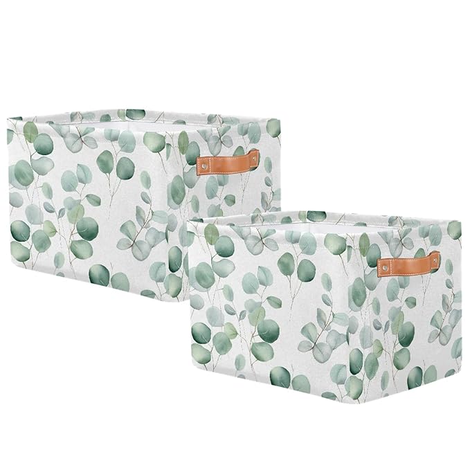 Eucalyptus Leaves Storage Baskets for Organizing, Fabric Collapsible Storage Bins Box Sage Green Decorative Toy Organizer Baskets for Closet Shelves Gift Basket 2Pcs