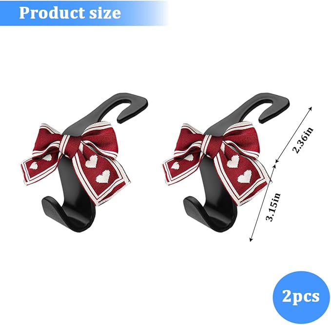 2PCS Car Seat Headrest Hooks, Cute Bow Vehicle Backseat Storage Hanger for Handbag Umbrella Coat, Automotive Seat Back Hook Holder Organizer Decor, Universal for Vehicles (Red/Beige)