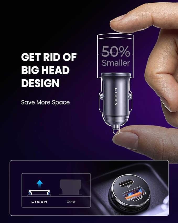 LISEN 48W USB C Car Charger Adapter [2 Pack] [Mini & Metal] Cigarette Lighter USB Charger Fast Charging [PD QC 3.0] USBC Car Phone Charger for iPhone 15 Pro Max Plus 14 Samsung Galaxy iPad Silver
