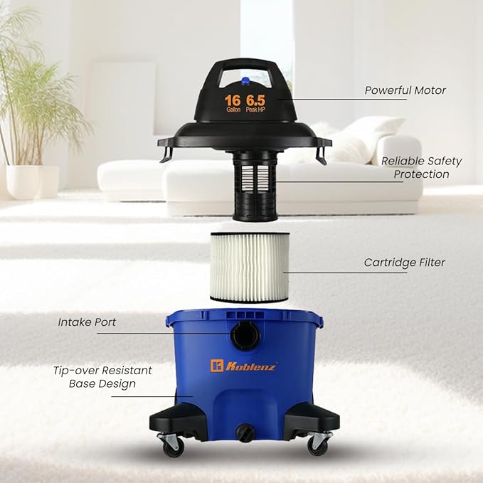 Koblenz Wet Dry Vacuum Cleaner, Large 16.0 Gallon Tank, 6.5 HP Powerful Vacuum for Dry and Wet Messes, Vacuum Cleaner and Blower with Drain Plug, Accessories Included, Black+Blue (WD-16 L4)
