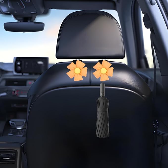 Car Seat Headrest Hooks, 2PCS Cute Flower Vehicle Seat Back Organizer Holder for Purses Bags Grocery, Automotive Interior Storage Hanger Decoration Accessories, Universal Fit (Black/Yellow)