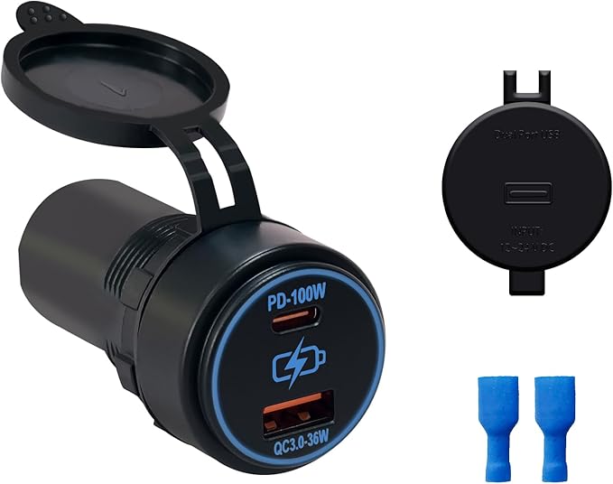100W Dual USB Car Charger Socket PD100W QC3.0 Fast Charging Type C & Type A Ports 12V/24V Compatible for Cars Trucks RVs Boats Marine (PD100W QC3.0)