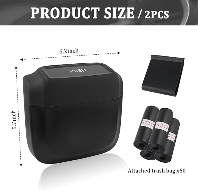 IHOTDER 2PCS Car Trash Can with Lid + 60PCS Garbage Bags,Mini Trash Can Interior Accessories for Door/Seat/Center Console/Home/Office,Multifunctional Car Organizers and Storage (Black)