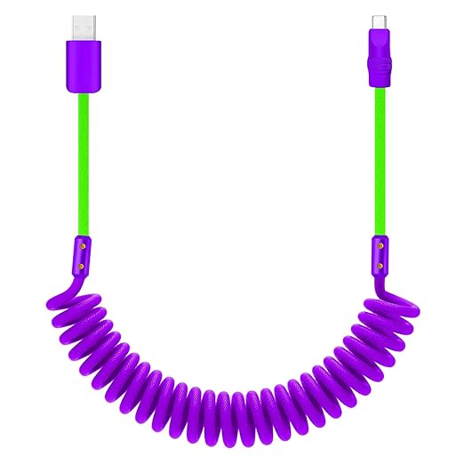 chubbycable Curly Chubby 120W Coiled USB C Cable Retractable Fast Charging Cable for Car Charger Cord Compatible with iPhone 17-15 Series, Purple+Green, USB-A to Type-C, 2.29FT-3.6FT