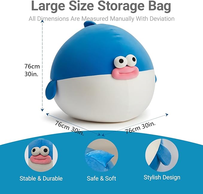 Kids Bean Bag Chair Cover Stuffed Animals Storage - Soft Plush Washable Pufferfish Bean Bag Chair for Boys & Girls, XLarge Toy Storage Organizer Blue Fat Fish Cover Only Without Filling