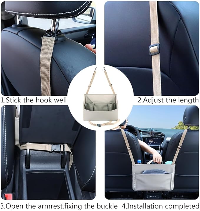 Car Handbag Purse Holder Between Seats Leather Car Front Seat Storage Bag Large Capacity Car Organizers for Book Document Phone Bottle Tissue Toy (Beige Style-1)