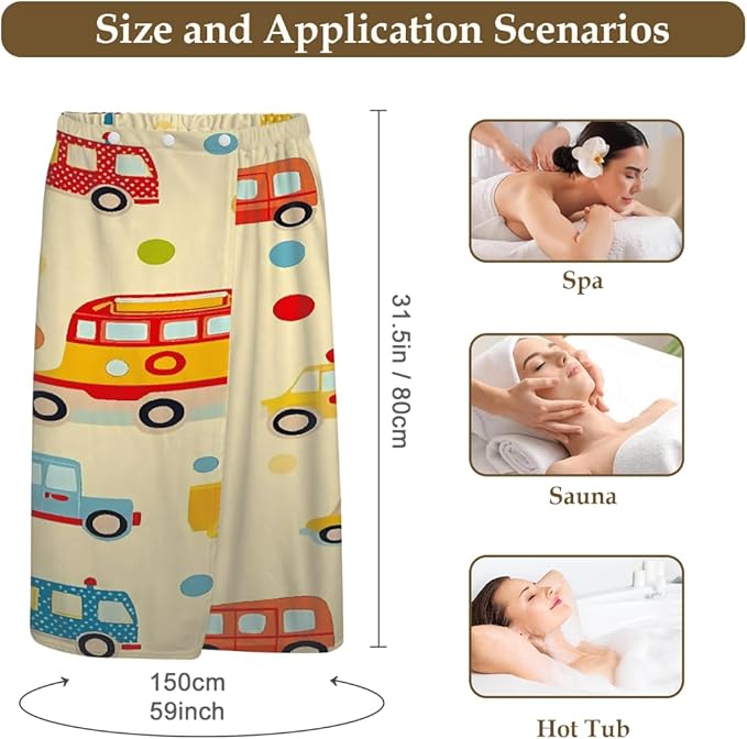 Women's Bath Wrap Colored Cars Bus Polka Dot Absorbent Shower Spa Body Bath Robe Wraps Bathrobe Towel with Adjustable Closure