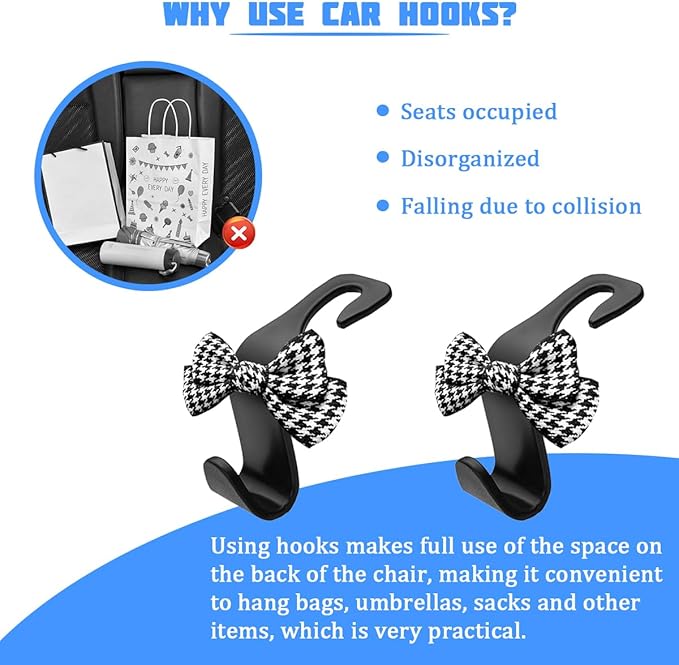2PCS Car Seat Headrest Hooks, Cute Bow Vehicle Backseat Storage Hanger for Handbag Umbrella Coat, Auto Seat Back Hook Holder Organizer Decor, Universal for Vehicles (Small Black Houndstooth)